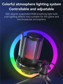 1pc USB Plug RGB Gaming Condenser Microphone, Plug And Play Computer Microphone With Noise Reduction, One-Key Mute, Echo Volume Control, Rotary Gain Knob, Suitable For Live Streaming, Podcast, Video, Gaming Voice - Black - View 4