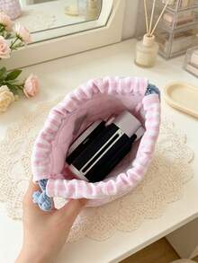1pc Heart Quilted Drawstring Pouch Grid Print Cosmetic Bag Portable Travel Storage Bag For Makeup Jewelry Accessories & Earbuds Multi-Use Sundries Bag - Multicolor - View 5