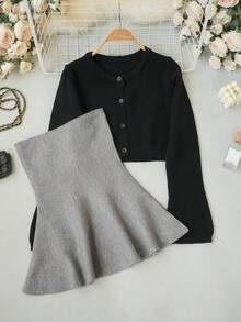 2026 Autumn/Winter Sexy Rich Girl Style 2-Piece Knit Set, Cropped Round Neck Cardigan + Waist-Cinching Ruffle Strap Bustier Tank Top, Suitable For New Year, Outings, Commuting, Dating Sweater Top - Dark Grey - View 6