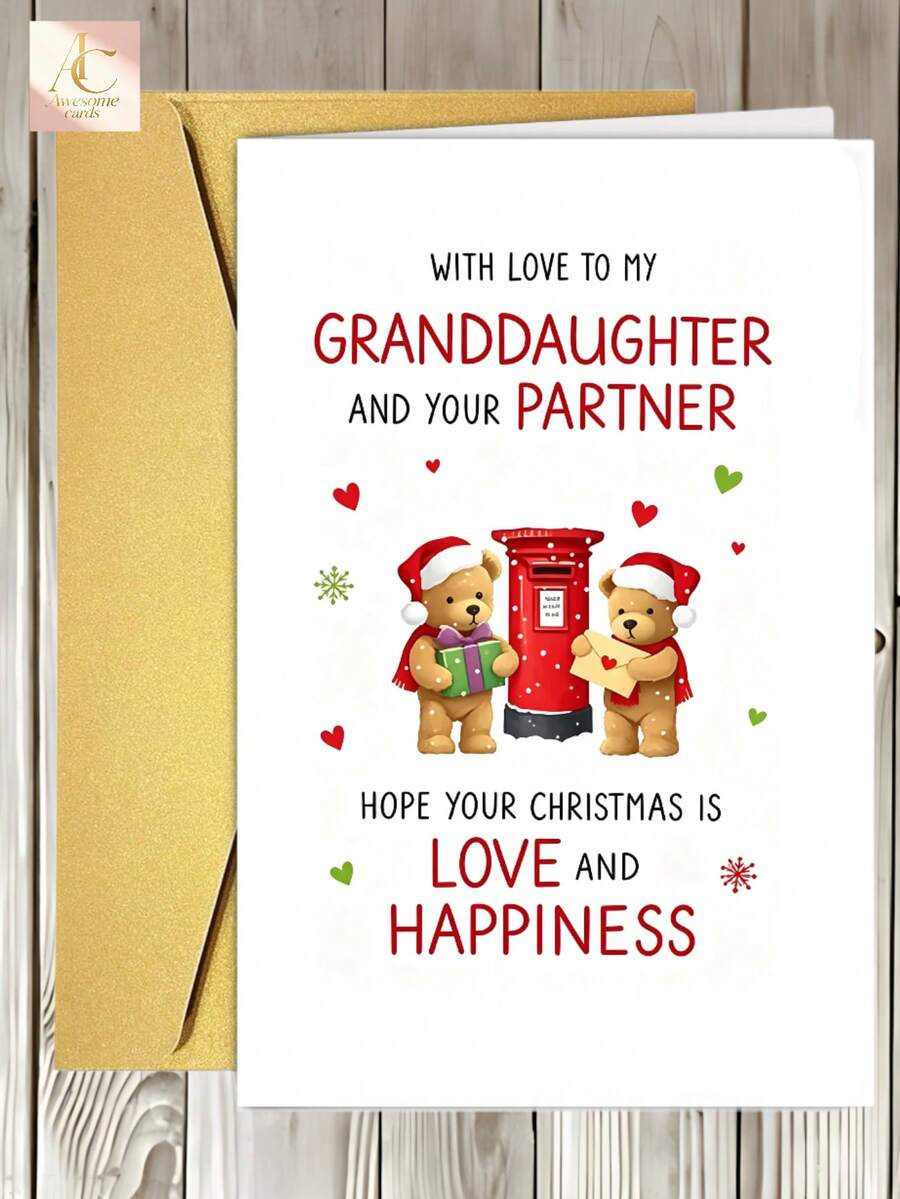 Adorable Festive Christmas Card For Granddaughter And Partner | "With Love To My Granddaughter And Your Partner" Featuring Teddy Bear, Red Mailbox, And Festive Decorations - A Thankful Seasonal Greeting - One Size Fits All - View 1