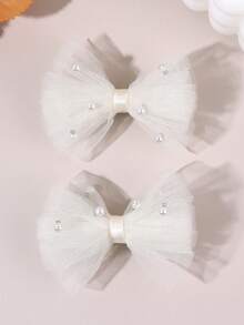 2pcs/Pack White Sheer Mesh Pearl Hair Clips, Mother's Day Kids Hair Accessories, Wedding Season Gift - White - View 8