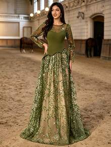 Autumn/Winter Elegant Sequin Leaf Embroidery Tulle Patchwork Pleated Knit 2 In 1 Long Dress, Illusion Long Sleeve Party Wedding Dress - Dark Green - View 10