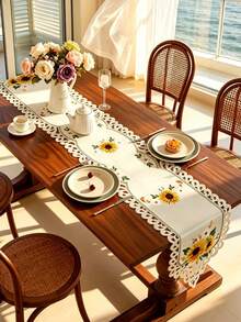 1pc 100% Polyester Vintage Sunflower Embroidery Table Runner, Fall Hollow Out Floral Table Runner, Boho Farmhouse Table Centerpiece For Kitchen Dining Room Wedding Party Decor - Multicolor - View 9