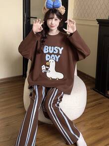 2pcs/Set Women's Spring/Autumn Casual Cartoon Sweat-Absorbent Breathable Round Neck Long Sleeve Long Pants Pajamas Homewear, Fall Clothes For Women - Brown - View 1