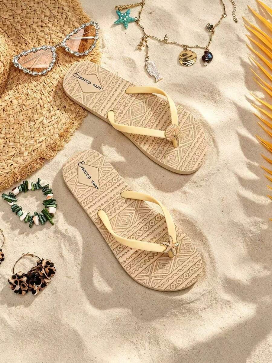 Evertop Surf Summer Ocean Style Oil Drop Shell & Starfish Decor Chain Square Toe Flat Slide Sandals AB Version Asymmetric Sandals Soft Sole Beach Vacation Bohemian Daily Versatile Street Style Original Design - Apricot - View 1
