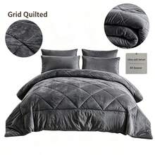 3Pcs Velvet Grid Quilted Comforter Set, Soft Warm Bedding Set With 2 Pillowcases, Pillow Insert Not Included, Vacuum Packed For Bedroom Guest Room - Dark Grey - View 4