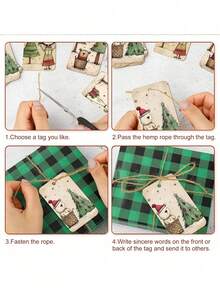 50Pcs Christmas Gift Tags, Vintage Hand Drawn Xmas Hanging Labels With 10m Hemp Rope, 5 Designs Cute Reindeer Bear Angel Dog Tree Pattern, Kraft Paper Gift Tags For Holiday Gift Wrapping, Present Box, Goodie Bag, Christmas Party Decor & DIY Craft - Multicolor - View 2