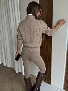 Women's Knitted Long Sleeve Cable Knit Sweater With Zipper, Autumn/Winter Top - Camel - View 4
