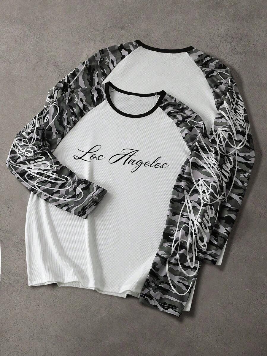 1pc Men's Camouflage Raglan Long Sleeve T-Shirt, Los Angeles Script Waffle Fabric Streetwear Top - White - View 1