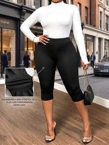 Plus Size Mid Waisted Black Capri Leggings | Stretchy Tummy Control Butt Lifting Slimming Pants For Curvy Women | Fall Daily Wear & Going Out Outfits - Multicolor - View 2
