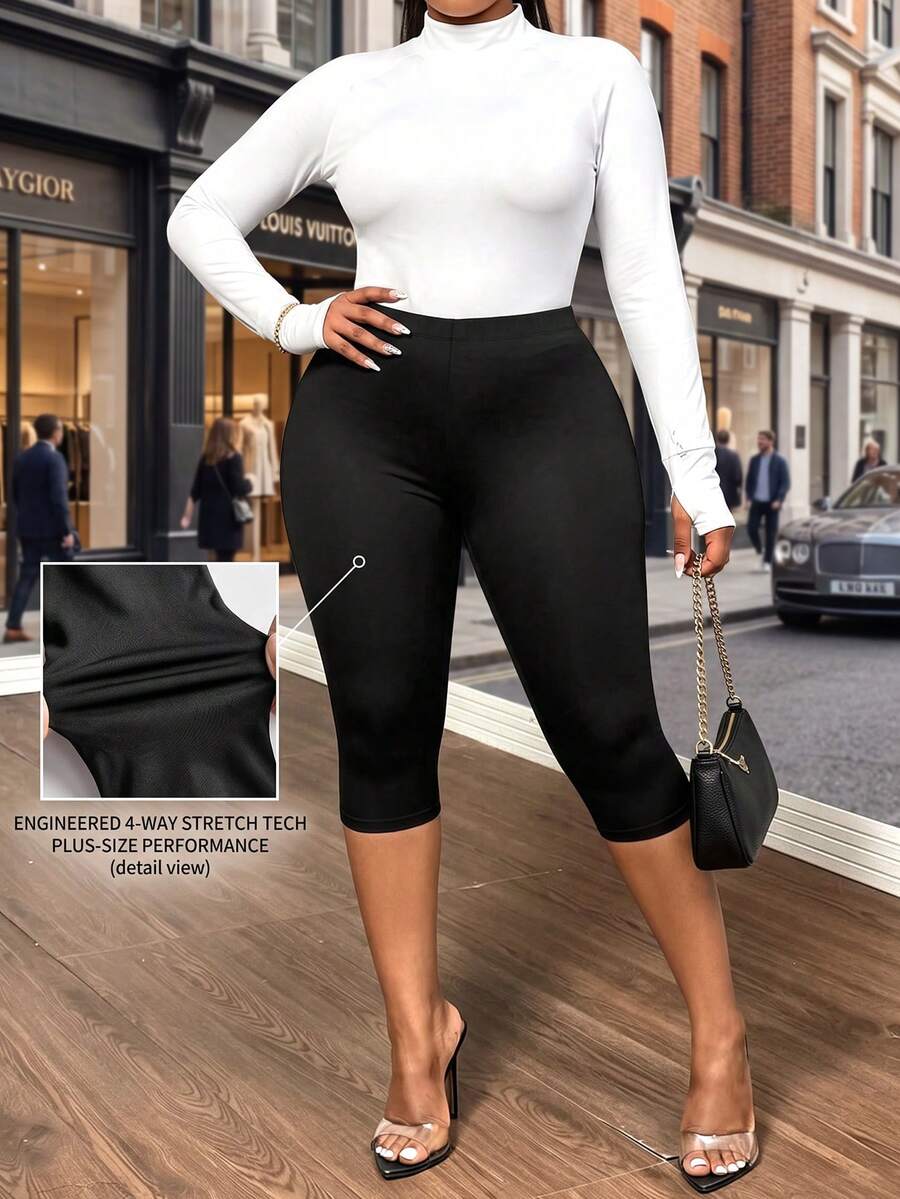 Plus Size Mid Waisted Black Capri Leggings | Stretchy Tummy Control Butt Lifting Slimming Pants For Curvy Women | Fall Daily Wear & Going Out Outfits