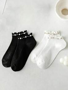 1/3 Pairs Women's Ruffle Cuff Short Socks, Faux Pearl & Rhinestone Decor, Solid Black & White Knit Socks, Sweet & Elegant Style, Soft & Breathable, Suitable For Autumn/Winter, Fashion Accessory, Can Be Paired With Mary Jane Shoes - Multicolor - View 10