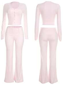Casual Round Neck Button Long Sleeve Cinched Waist Pants Set - Pink - View 7