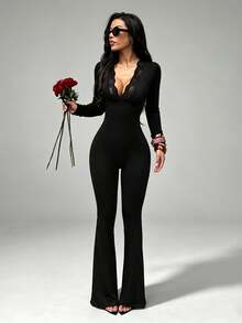Autumn Black Lace V-Neck Long-Sleeve Jumpsuit, Casual And Elegant, For Dates, Parties, Homecoming Dances, And Streetwear - Black - View 2