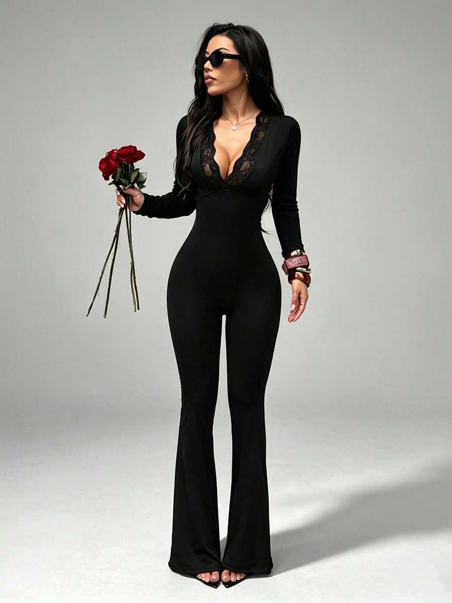 Autumn Black Lace V-Neck Long-Sleeve Jumpsuit, Casual And Elegant, For Dates, Parties, Homecoming Dances, And Streetwear
