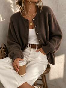 HEYMINI 100% Cashmere Women's Solid Color Minimalist Knit Cardigan, Round Neck Long Sleeve Button Sweater Jacket, Comfortable Autumn/Winter Outfit - Coffee Brown - View 5
