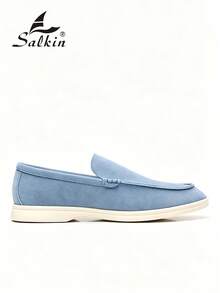 Salkin Classic Designer Handmade Men's Moccasin Affordable Luxury Slip On Loafers For Men Wide Toe Fit Suede Vegan Leather Dusty Blue Men Shoes Casual Shoes Men Flat Driving Shoes Holiday Gift - Baby Blue - View 3