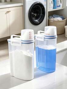 1 Sealed Laundry Detergent Container With Measuring Cup - Multi-Purpose Plastic Jar, Large Capacity Soap Plastic Bucket For Laundry Liquid, For Laundry Detergent Powder Storage And Leak-Proof Dispensing - White - View 4