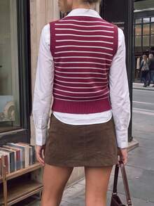 Aflion Women's Summer Autumn Striped Knit Vest, V-Neck Front Button Sleeveless Cropped Sweater Vest - Burgundy - View 2