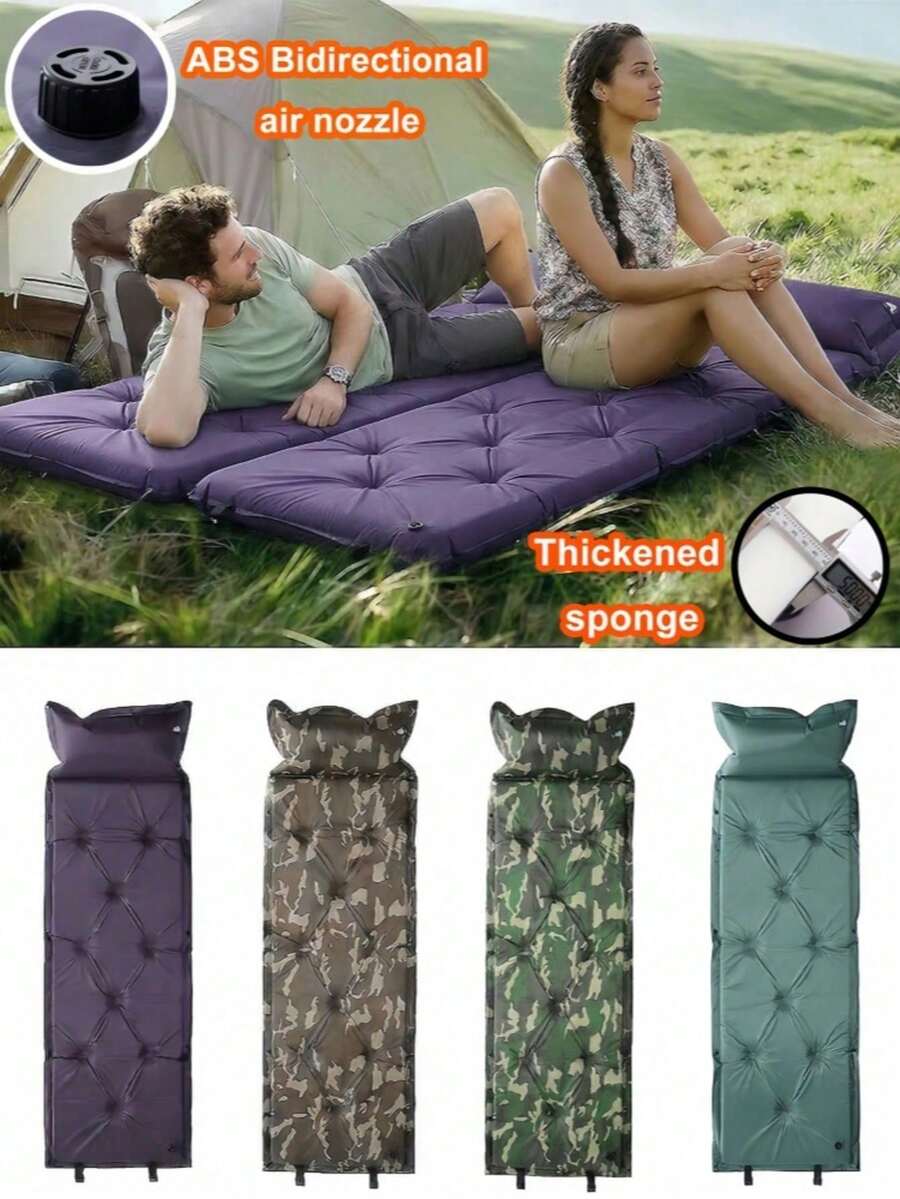 1pc 4-Color Optional Self-Inflating Sleeping Pad, Outdoor Camping Mat, Moisture-Proof Picnic Ground Mat, Inflatable Pad With Integrated Pillow, Storage Bag, Infinite Connectable Multi-Person Bed, ABS Dual-Way Air Valve, Fast Inflation, Lightweight And Portable, Suitable For Camping, Hiking, Travel And More