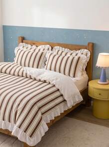 Joivida 2/3pcs Ruffle Duvet Cover Set, Dorm Bedding, Brown Striped Bedding Set, Cozy Room Decor, Skin-Friendly Breathable, Ultra-Soft Anti-Pilling, No Duvet Insert, Suitable For Single/Double/Queen/King Size Bed, All Season, Machine Washable, Back To School - Multicolor - View 3