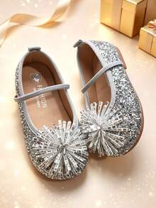 1 Pair Girls' Rhinestone Bow Flat Shoes, Children's Sequin Princess Shoes, Soft Sole Non-Slip All-Season Shoes For Daily Wear, Party, Dance And Performance - Silver - View 3