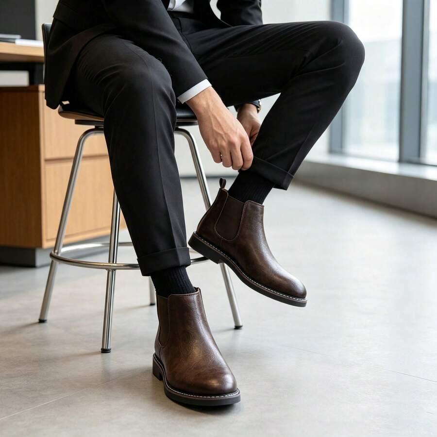 Sepatu Boots Chelsea Kasual Pria untuk Bisnis dan Komuter dengan Jahitan Putih KD5236 - Mocha Brown - View 1