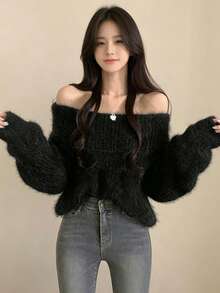 YCYC Korean Style Autumn/Winter Slouchy Sexy Solid Color Off-Shoulder Chunky Knit Sweater - Black - View 4
