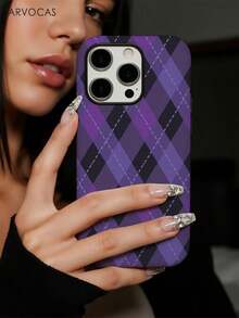 Halloween Purple Black Tartan Plaid Pattern 2-In-1 PC Hard Shell & TPU Soft Inner Case, Matte Finish, Trick Or Treat Gift, Cover Phone, Matching Phone Cases, Case Compatible With 11 12 13 14 15 16 16e 17 Pro ProMax Air 18 Pro ProMax - Matte Non-magnetic - View 5