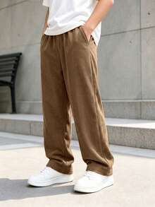 Tween Boy Casual Minimalist Versatile Diagonal Pocket Light Brown Long Pants Suitable For Vacation, Travel, Sports, School And Daily Wear - Camel - View 1
