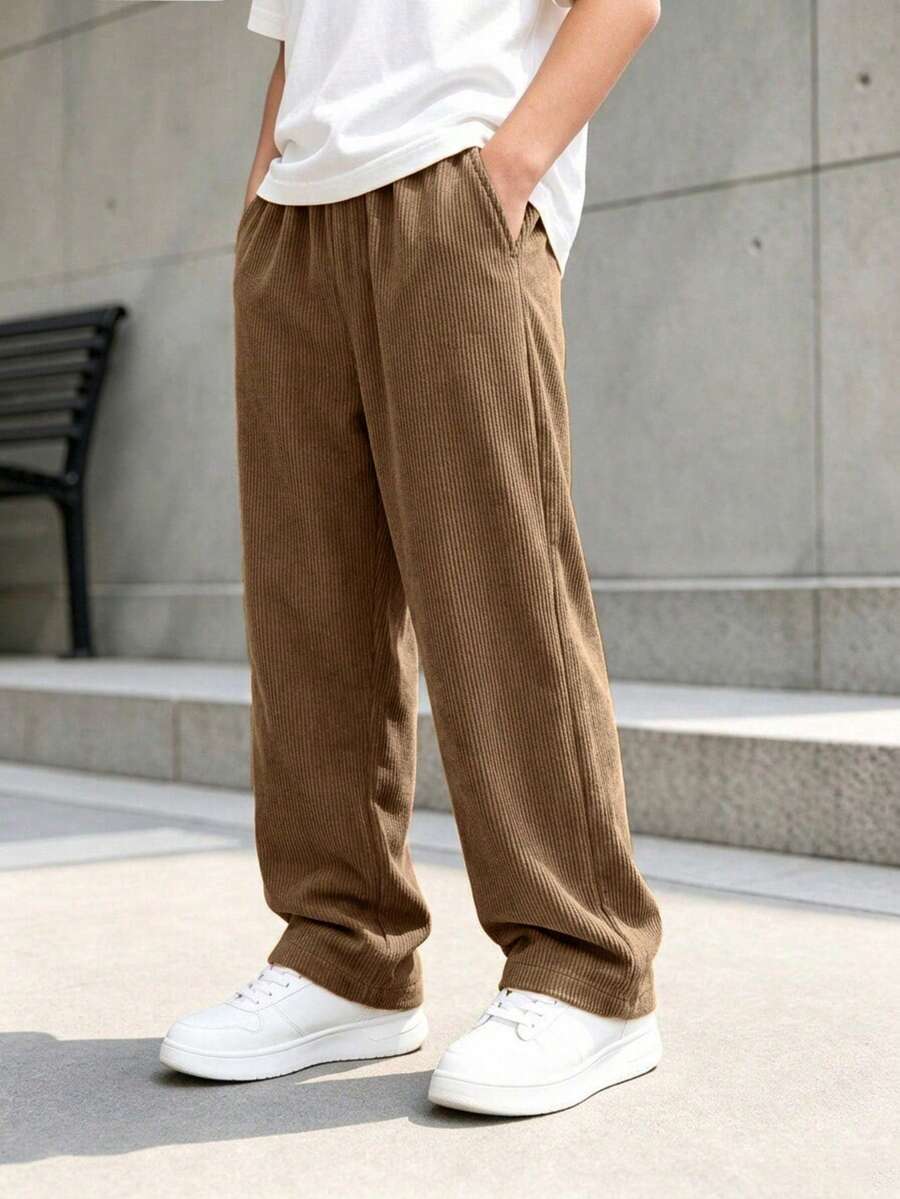 Tween Boy Casual Minimalist Versatile Diagonal Pocket Light Brown Long Pants Suitable For Vacation, Travel, Sports, School And Daily Wear - Camel - View 1