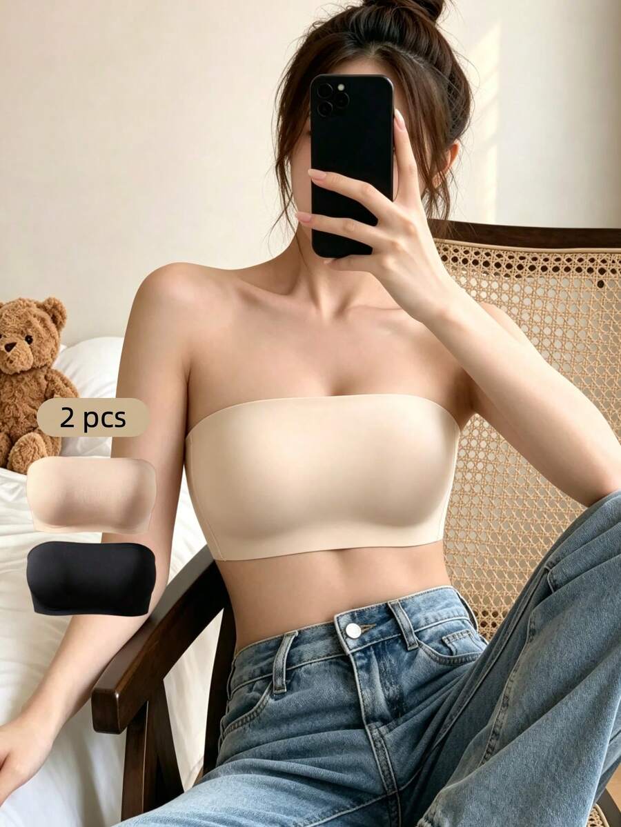 Dreamivo 2 Buah Bra Tanpa Tali dan Tanpa Jahitan untuk Wanita, Tanpa Bantalan, Bra Tanpa Kawat Model Tank Top Bandeau, Bra Tanpa Punggung yang Nyaman dan Tidak Terlihat - MultiWarna - View 1