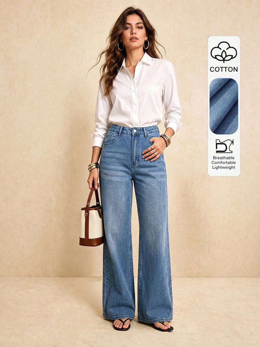 Minimalist Denim Straight Leg Pants, Non-Stretch Material With Button Decor, Women's Basic Pants - Dark Wash - View 1