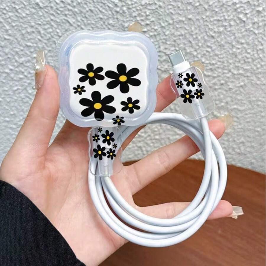Black Daisy Charger & Cable Protector Set, Durable Apple UK 20W Charging Cable Protective Case, Anti-Breakage Cable Organizer - Multicolor - View 1