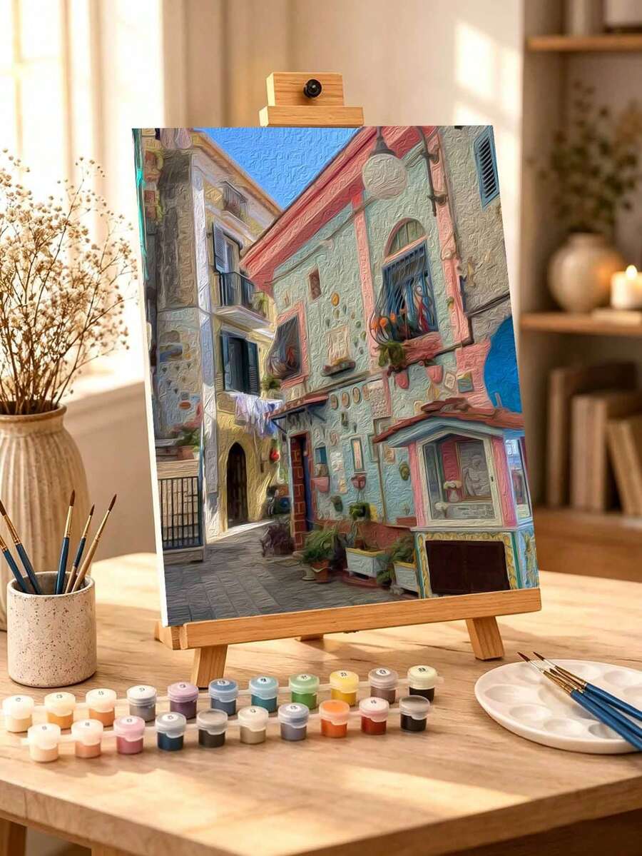 DIY Colorful Italian Coastal Street View (Frameless Or Framed 8x12 / 16x20 Inches) Paint By Numbers Kit(Acrylic) Arts & Crafts For Adult Beginners, Home Wall Decor, And Unique Holiday Gifts - Sets - View 1