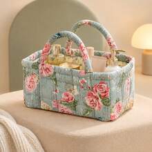 Floral Fabric Storage Basket With Handles, Quilted Organizer Bin For Bedroom, Bathroom, Closet And Shelves, Portable Clothes And Cosmetics Storage Box For Home Decor - Multicolor - View 10