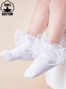 1 Pair Kids/Children Solid Color Fashionable Versatile Dance Princess Lace Trim Cotton Crew Socks - White - View 6