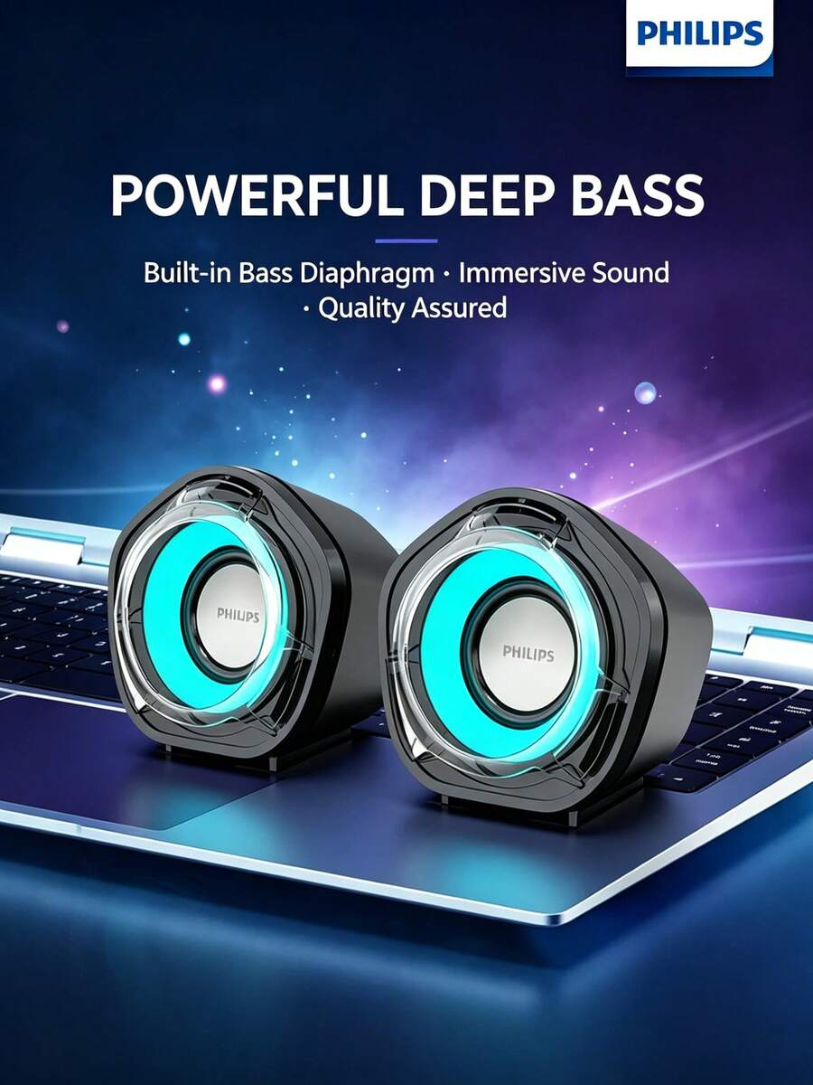 PHILIPS SPA3119 Speaker Komputer Berkabel USB dengan Efek Cahaya LED Warna-warni untuk Desktop dan Laptop, Speaker 2.0 Channel, Mini Subwoofer, Berkabel untuk Gaming Rumah dan Esports, Ukuran Kecil, Volume Besar - View 1