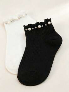 1/3 Pairs Women's Ruffle Cuff Short Socks, Faux Pearl & Rhinestone Decor, Solid Black & White Knit Socks, Sweet & Elegant Style, Soft & Breathable, Suitable For Autumn/Winter, Fashion Accessory, Can Be Paired With Mary Jane Shoes - Multicolor - View 3