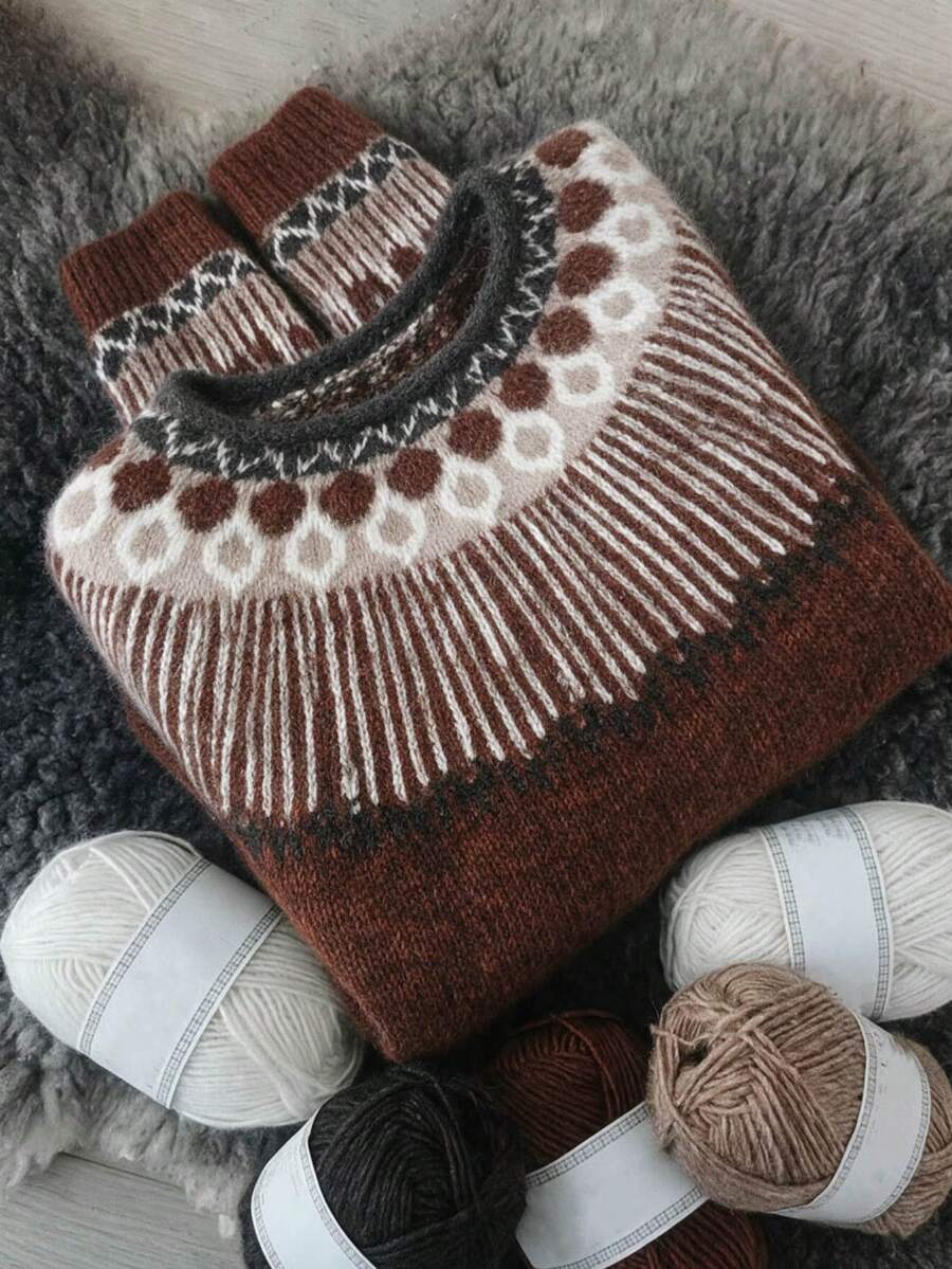 Women's Fall Winter Brown Fair Isle Pattern Soft Cozy Knit Crew Neck Long Sleeve Sweater, Relaxed Fit Vintage Casual Daily Office Work Commute Wear - Coffee Brown - View 1