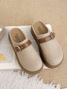 Beige Woven Fabric Thick Sole Round Toe Metal Buckle Slip-On Mule Loafers For Women, Spring/Autumn - Beige - View 5