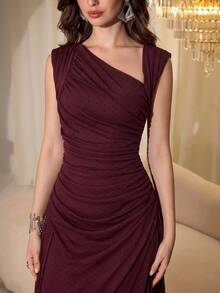 Elegant Women's Burgundy One-Shoulder Ruched Long Formal Dress, Asymmetrical Neckline And Sleeveless Design, Medium Stretch Knit Fabric - Burgundy - View 1
