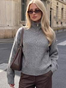 Women's Half-High Collar Zip-Up Knit Sweater, Slouchy Lantern Sleeve Pullover - Grey - View 1