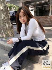 92% Cotton White Long Sleeve T-Shirt Women Versatile Crop Top Sexy Stylish Beautiful Inner Layer Base Layer - White - View 3