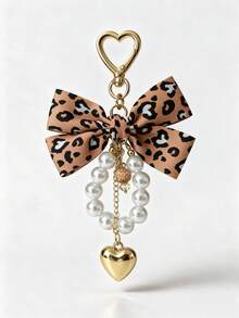 1pc New Leopard Print Fabric Bow Keychain, Sweet Faux Pearl Tassel Pendant With Gold Heart-Shaped Clasp, Key Ring, Car Bag Charm, Holiday Gift - Multicolor - View 1