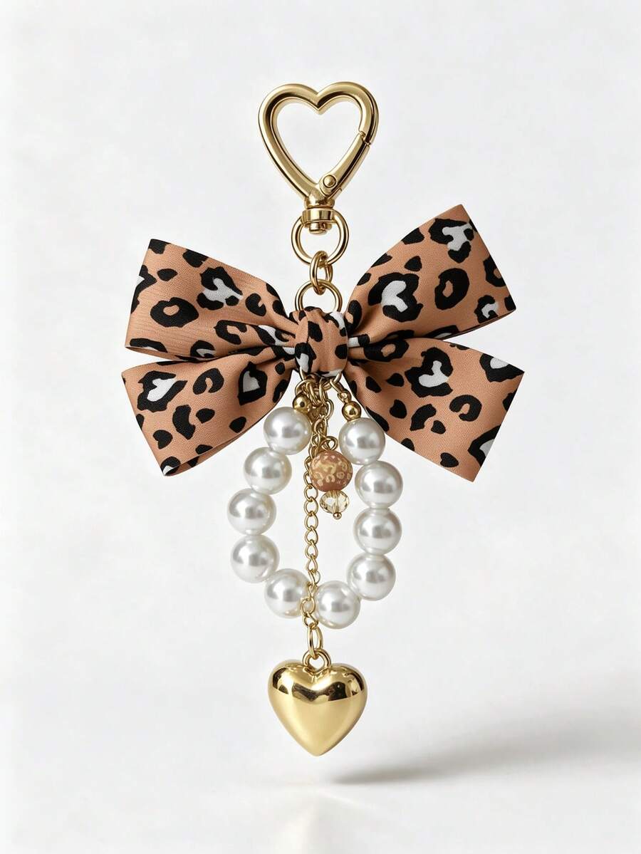 1pc New Leopard Print Fabric Bow Keychain, Sweet Faux Pearl Tassel Pendant With Gold Heart-Shaped Clasp, Key Ring, Car Bag Charm, Holiday Gift - Multicolor - View 1