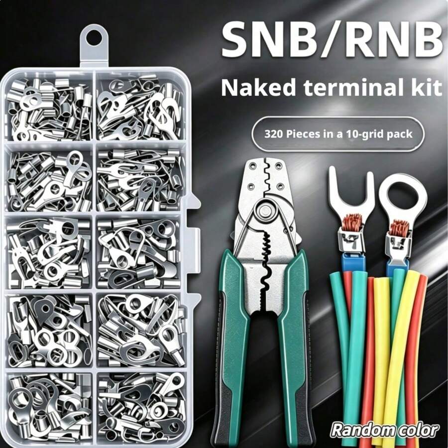 320Pcs 10 Sizes Cold-Pressed Terminal Kit, Thickened Tin-Plated Cable Lug Set, SNB/RNB Bare Terminals, O Ring & Fork Crimp Accessories Combo, Bonus Colored Heat Shrink Tubes For Auto, Marine & All Kinds Of DIY Cable Connections