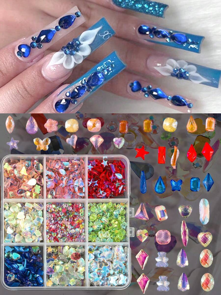 Fall 9 Grids Box Mixed Color Irregular K9 Nail Rhinestones, Multi-Faceted Pointed & Flat Back Gems DIY Press On Nail Art Decorations - Multicolor - View 1