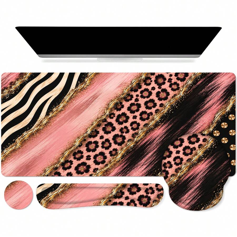 3pcs Abstract Zebra And Floral Mouse Pad With Metallic Gold Effect Print, 4 Color Options, Extended Desk Mat Polyester Surface With Non-Slip Rubber Base For Office, Home, Dorm And Gaming, 3 Sizes Available - View 1