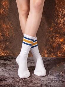 1/3 Pairs Women's Mid-Calf Cotton Socks, Striped Minimalist Street Style Breathable Sports Socks, Fun Halloween Gift Socks - Multicolor - View 9